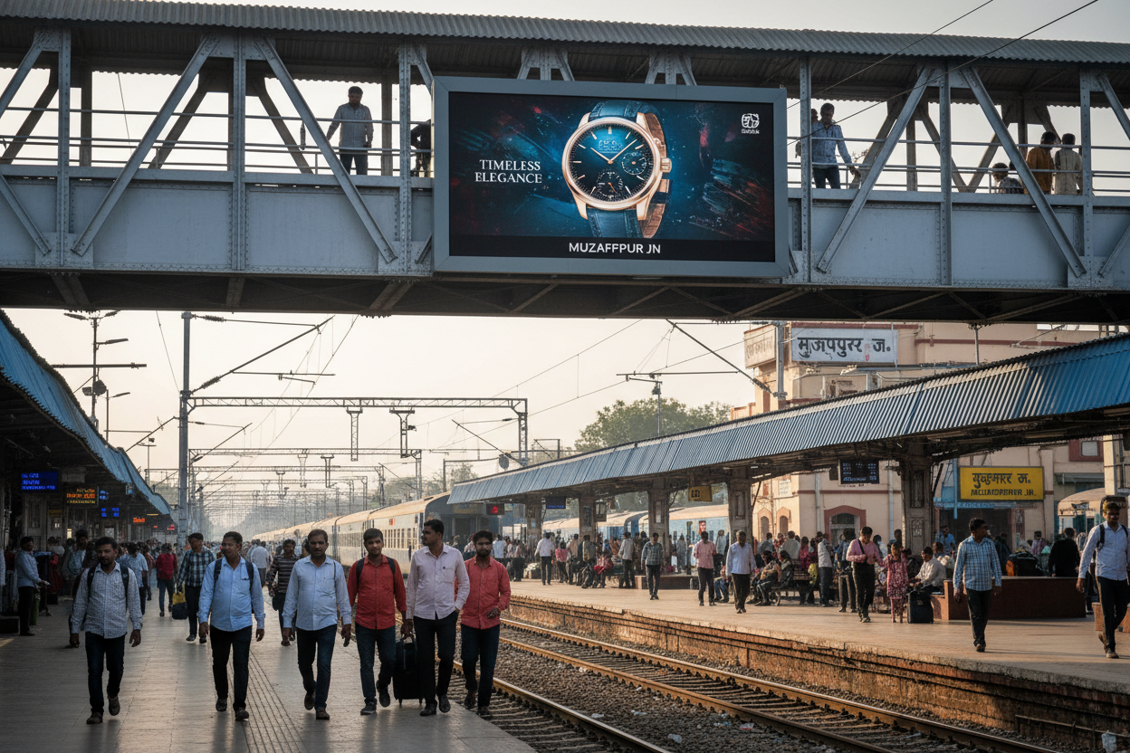 Premium Railway Advertising Space at MUZAFFARPUR JN. Station

Location: Bridge 1, MUZAFFARPUR JN. Railway Station, Bihar

Screen Specifications:

Type: Static Screen
Size: 25 square feet
Count: 200 screens available   cretae image using this details 