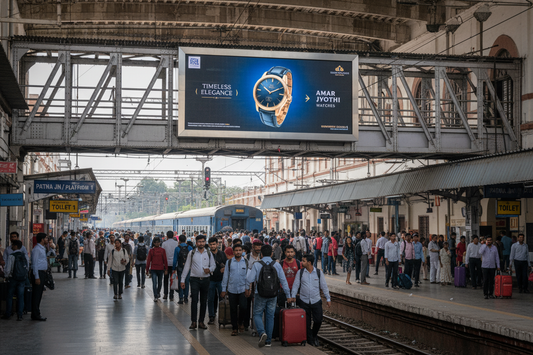 Premium Railway Advertising Space at PATNA JN. Station

Location: Bridge 2, PATNA JN. Railway Station, Bihar

Screen Specifications:

Type: Static Screen
Size: 30 square feet
Count: 200 screens available
Total Travelers: 1,73,300 daily footfall
Daily Visitors: 20,000 impressions per screen
Monthly Reach: 6,00,000 viewers  create image using this details 