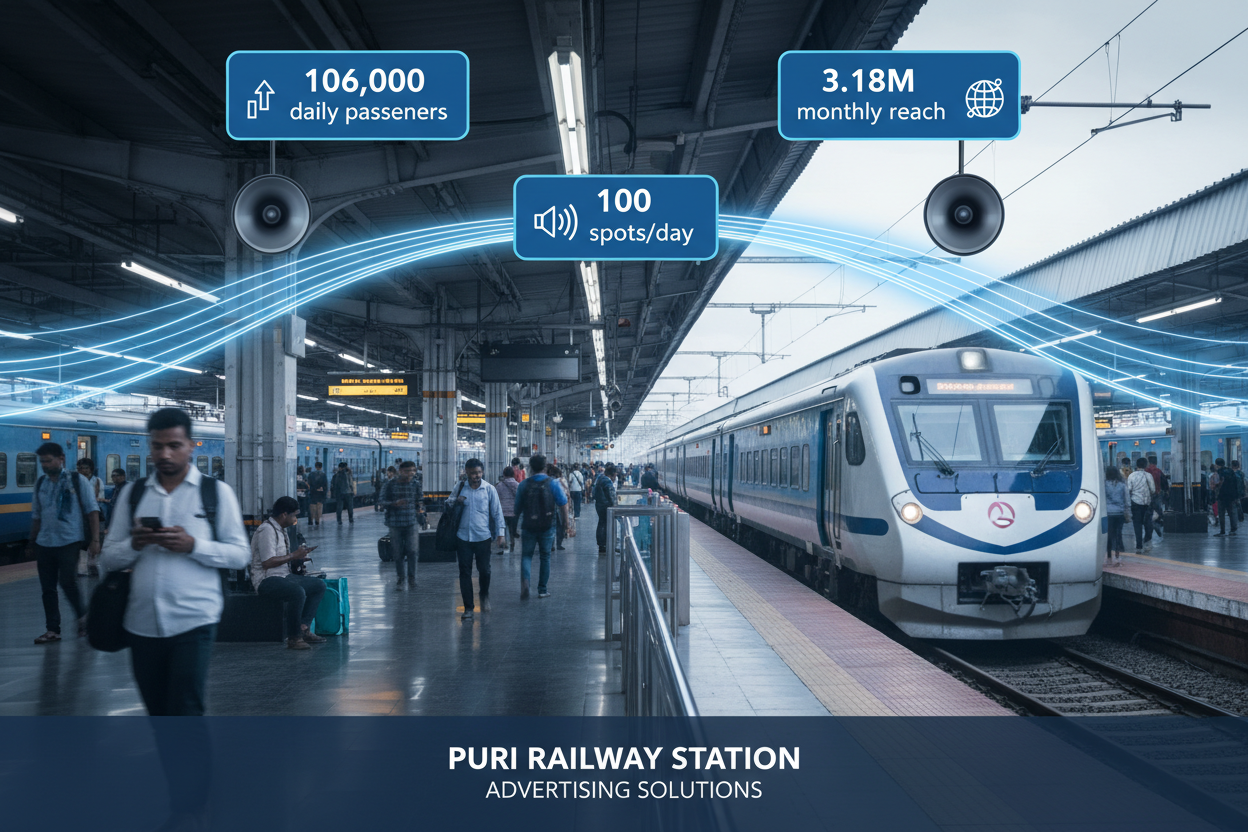 Puri Railway Station - Announcement Advertising
Reach a substantial audience at Puri with 106,000 daily visitors and 3.18 million monthly commuters through audio announcements.
Station Statistics:
Total Trains/Day: 106
Average Trains/Day: 53
Daily Visitors Reach: 106,000 passengers
Monthly Visitors Reach: 3,180,000 passengers
No. of Spots/Day: 100 advertising units
Spot Duration In Sec: 15 seconds per display
Monthly FCT at Each Station: 60,000
Monthly Station Wise Cost: ₹1,70,000
Create image 
