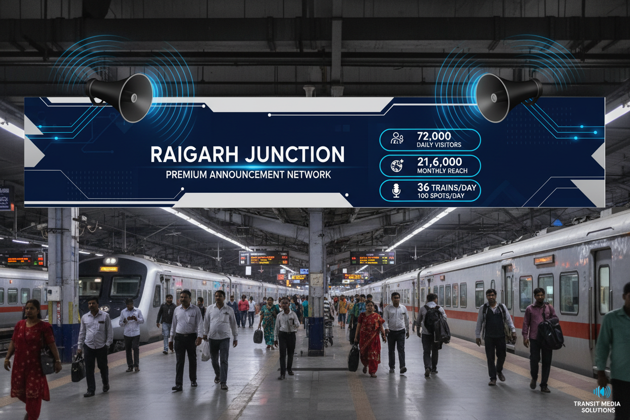 Raigarh Station - Railway Announcement Advertising

Reach a substantial audience at Raigarh with 72,000 daily visitors and 21,60,000 monthly commuters through audio announcements.

Station Statistics
Station Name: Raigarh (62 panels)
Total Trains/Day: 36 trains
Daily Visitors Reach: 72,000 passengers
Monthly Visitors Reach: 21,60,000 passengers
No. of Spots/Day: 100 advertising units
Spot Duration: 15 seconds per announcement
Monthly FCT at Each Station: 45,000
Monthly Station Wise Cost: ₹80,000
Cretae img 