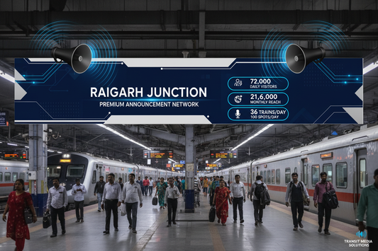 Raigarh Station - Railway Announcement Advertising

Reach a substantial audience at Raigarh with 72,000 daily visitors and 21,60,000 monthly commuters through audio announcements.

Station Statistics
Station Name: Raigarh (62 panels)
Total Trains/Day: 36 trains
Daily Visitors Reach: 72,000 passengers
Monthly Visitors Reach: 21,60,000 passengers
No. of Spots/Day: 100 advertising units
Spot Duration: 15 seconds per announcement
Monthly FCT at Each Station: 45,000
Monthly Station Wise Cost: ₹80,000
Cretae img 
