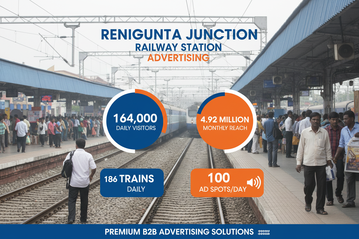 Renigunta Jn Railway Station - Announcement Advertising
Reach a substantial audience at Renigunta Jn with 164,000 daily visitors and 4.92 million monthly commuters through audio announcements.
Station Statistics:
Total Trains/Day: 186
Average Trains/Day: 82
Daily Visitors Reach: 164,000 passengers
Monthly Visitors Reach: 4,920,000 passengers
No. of Spots/Day: 100 advertising units
Spot Duration In Sec: 15 seconds per display
Monthly FCT at Each Station: 45,000
Monthly Station Wise Cost: ₹2,00,000