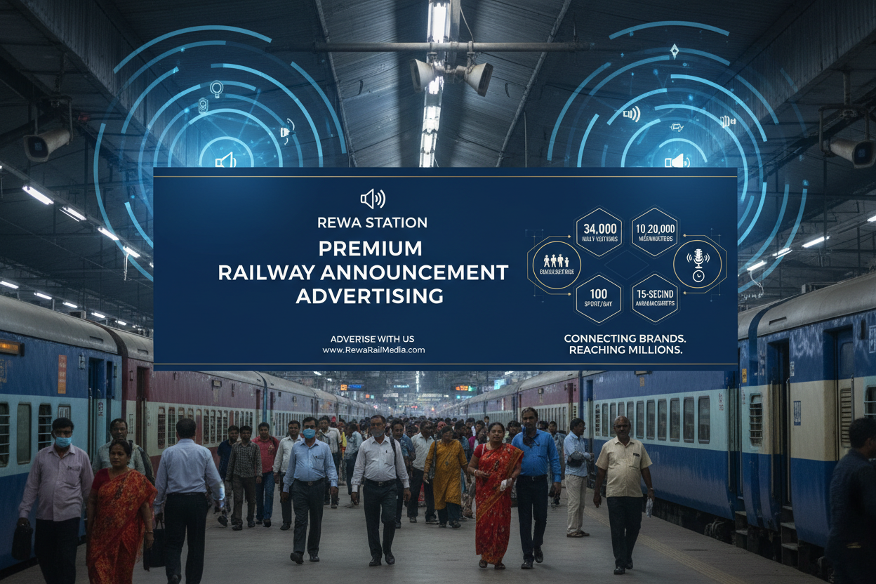 Rewa Station - Railway Announcement Advertising

Reach a substantial audience at Rewa with 34,000 daily visitors and 10,20,000 monthly commuters through audio announcements.

Station Statistics
Station Name: Rewa (28 panels)
Total Trains/Day: 17 trains
Daily Visitors Reach: 34,000 passengers
Monthly Visitors Reach: 10,20,000 passengers
No. of Spots/Day: 100 advertising units
Spot Duration: 15 seconds per announcement
Monthly FCT at Each Station: 45,000
Monthly Station Wise Cost: ₹1,25,000
create image 