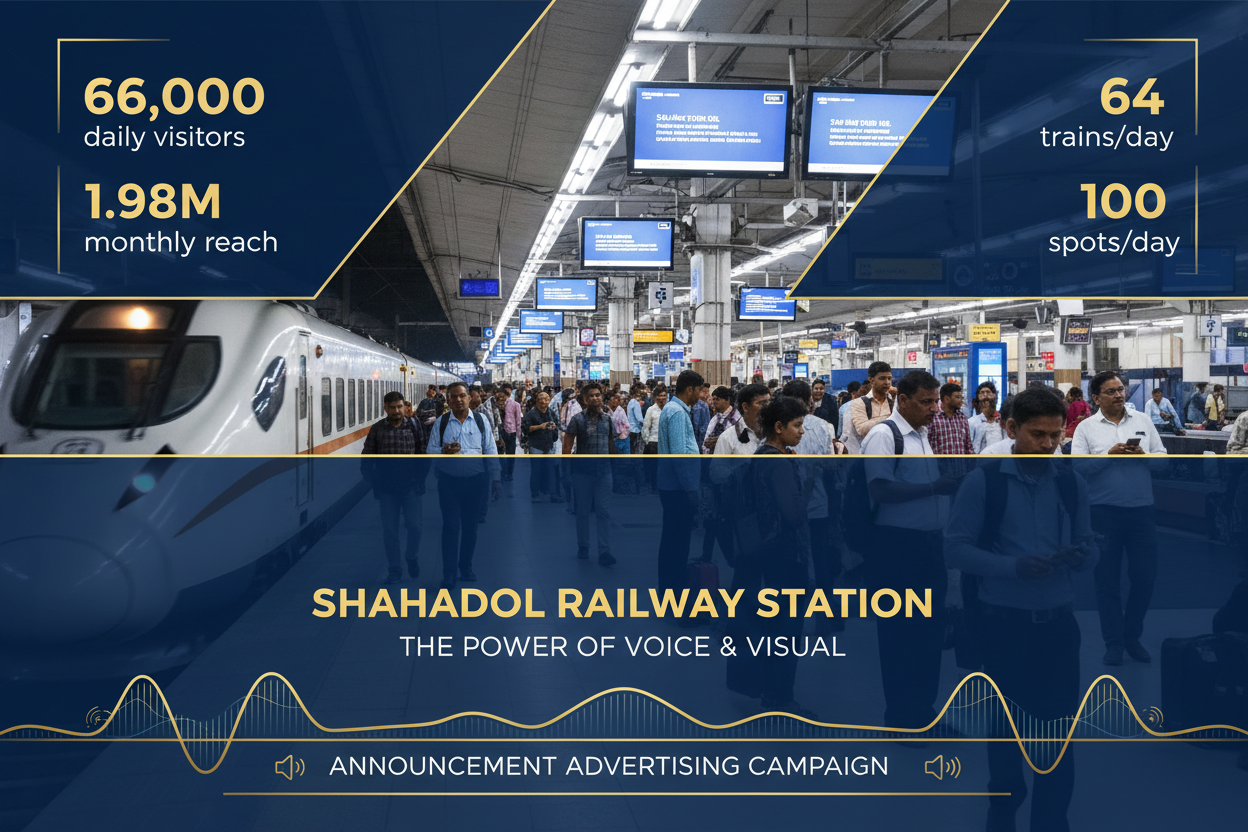 Shahdol Railway Station - Announcement Advertising

Reach a substantial audience at Shahdol with 66,000 daily visitors and 1.98 million monthly commuters through audio announcements.
Station Statistics:
Total Trains/Day: 64
Average Trains/Day: 33
Daily Visitors Reach: 66,000 passengers
Monthly Visitors Reach: 1,980,000 passengers
No. of Spots/Day: 100 advertising units
Spot Duration In Sec: 15 seconds per display
Monthly FCT at Each Station: 45,000
Monthly Station Wise Cost: ₹1,10,000a
create image 