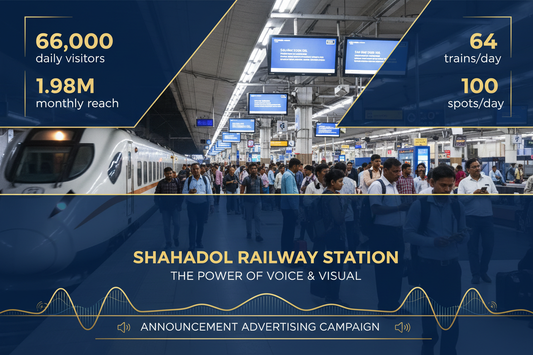 Shahdol Railway Station - Announcement Advertising

Reach a substantial audience at Shahdol with 66,000 daily visitors and 1.98 million monthly commuters through audio announcements.
Station Statistics:
Total Trains/Day: 64
Average Trains/Day: 33
Daily Visitors Reach: 66,000 passengers
Monthly Visitors Reach: 1,980,000 passengers
No. of Spots/Day: 100 advertising units
Spot Duration In Sec: 15 seconds per display
Monthly FCT at Each Station: 45,000
Monthly Station Wise Cost: ₹1,10,000a
create image 