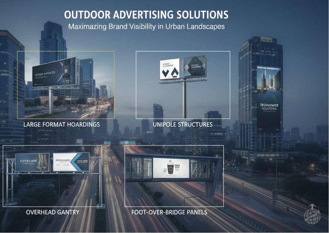 Share outdoor hoarding slide. Hoardings/Billboards
Unipoles
Gantries
Wallscapes & Facades
Foot-Over-Bridge