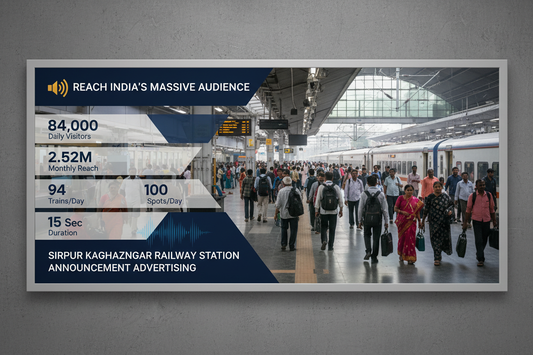 Sirpur Kaghaznagar Railway Station - Announcement Advertising
Reach a substantial audience at Sirpur Kaghaznagar with 84,000 daily visitors and 2.52 million monthly commuters through audio announcements.
Station Statistics:
Total Trains/Day: 94
Average Trains/Day: 42
Daily Visitors Reach: 84,000 passengers
Monthly Visitors Reach: 2,520,000 passengers
No. of Spots/Day: 100 advertising units
Spot Duration In Sec: 15 seconds per display
Monthly FCT at Each Station: 45,000
Details on image 