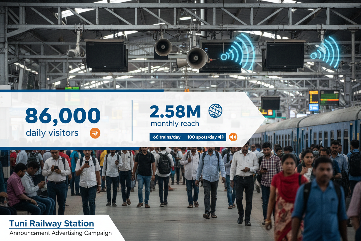 Tuni Railway Station - Announcement Advertising

Reach a substantial audience at Tuni with 86,000 daily visitors and 2.58 million monthly commuters through audio announcements.

Station Statistics:

Total Trains/Day: 66
Average Trains/Day: 43
Daily Visitors Reach: 86,000 passengers
Monthly Visitors Reach: 2,580,000 passengers
No. of Spots/Day: 100 advertising units
Spot Duration In Sec: 15 seconds per display
Monthly FCT at Each Station: 45,000
Monthly Station Wise Cost: ₹1,00,000
create image 