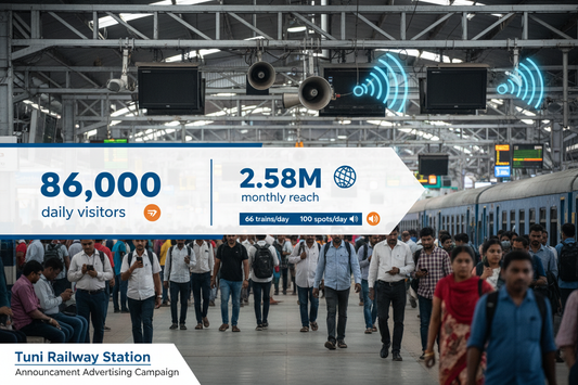 Tuni Railway Station - Announcement Advertising

Reach a substantial audience at Tuni with 86,000 daily visitors and 2.58 million monthly commuters through audio announcements.

Station Statistics:

Total Trains/Day: 66
Average Trains/Day: 43
Daily Visitors Reach: 86,000 passengers
Monthly Visitors Reach: 2,580,000 passengers
No. of Spots/Day: 100 advertising units
Spot Duration In Sec: 15 seconds per display
Monthly FCT at Each Station: 45,000
Monthly Station Wise Cost: ₹1,00,000
create image 