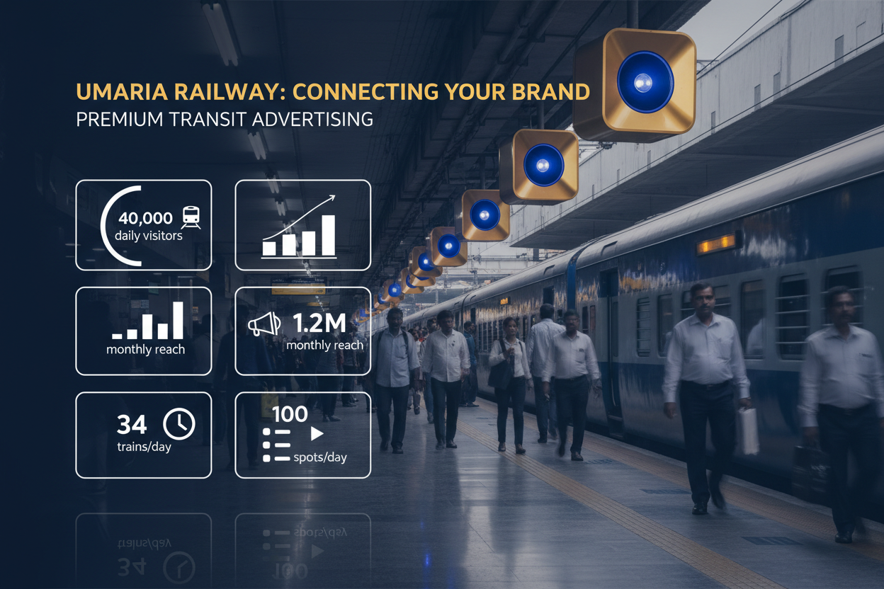 Umaria Railway Station - Announcement Advertising
Reach a substantial audience at Umaria with 40,000 daily visitors and 1.2 million monthly commuters through audio announcements.
Station Statistics:
Total Trains/Day: 34
Average Trains/Day: 20
Daily Visitors Reach: 40,000 passengers
Monthly Visitors Reach: 1,200,000 passengers
No. of Spots/Day: 100 advertising units
Spot Duration In Sec: 15 seconds per display
Monthly FCT at Each Station: 45,000
Monthly Station Wise Cost: ₹90,000
create image using details
