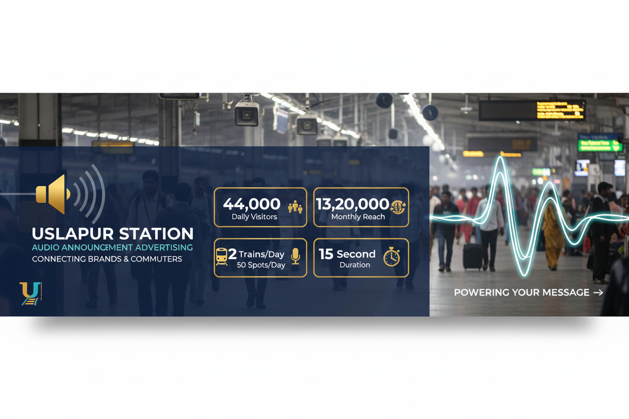 Uslapur Station - Railway Announcement Advertising

Reach a substantial audience at Uslapur with 44,000 daily visitors and 13,20,000 monthly commuters through audio announcements.

Station Statistics
Station Name: Uslapur (36 panels)
Total Trains/Day: 22 trains
Daily Visitors Reach: 44,000 passengers
Monthly Visitors Reach: 13,20,000 passengers
No. of Spots/Day: 50 advertising units
Spot Duration: 15 seconds per announcement
Monthly FCT at Each Station: 22,500
Monthly Station Wise Cost: ₹40,000
create image