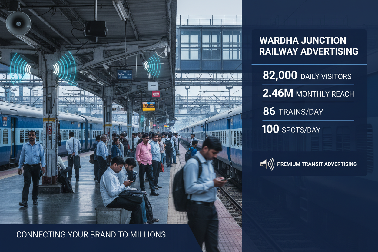 Wardha Jn Railway Station - Announcement Advertising

Reach a substantial audience at Wardha Jn with 82,000 daily visitors and 2.46 million monthly commuters through audio announcements.

Station Statistics:

Total Trains/Day: 86
Average Trains/Day: 41
Daily Visitors Reach: 82,000 passengers
Monthly Visitors Reach: 2,460,000 passengers
No. of Spots/Day: 100 advertising units
Spot Duration In Sec: 15 seconds per display
Monthly FCT at Each Station: 45,000
Monthly Station Wise Cost: ₹1,40,000
Create image 